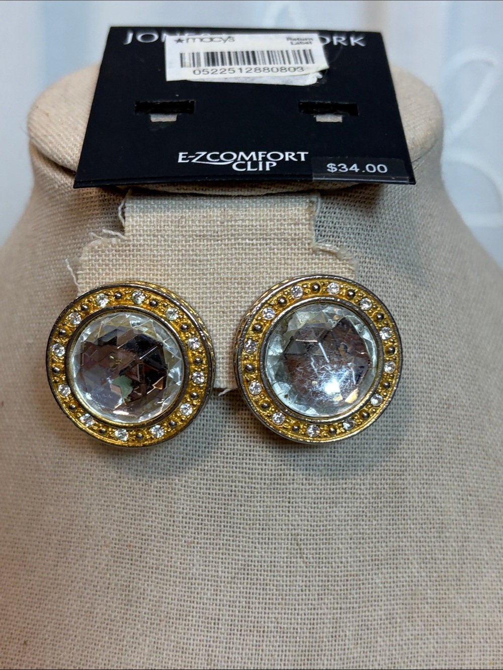 Vintage Jones New York Gold-Tone Clear Crystal Clip Earrings